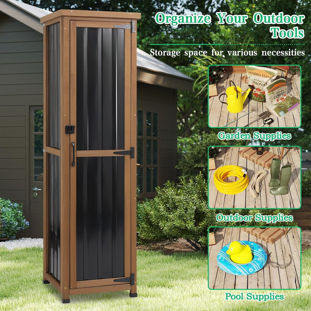 Tall Outdoor Storage Cabinet, Weatherproof Wooden Garden Potting Bench with Metal Top & Adjustable Shelves, Outdoor Patio Cabinets Work Station for Balcony, Pool, Garage