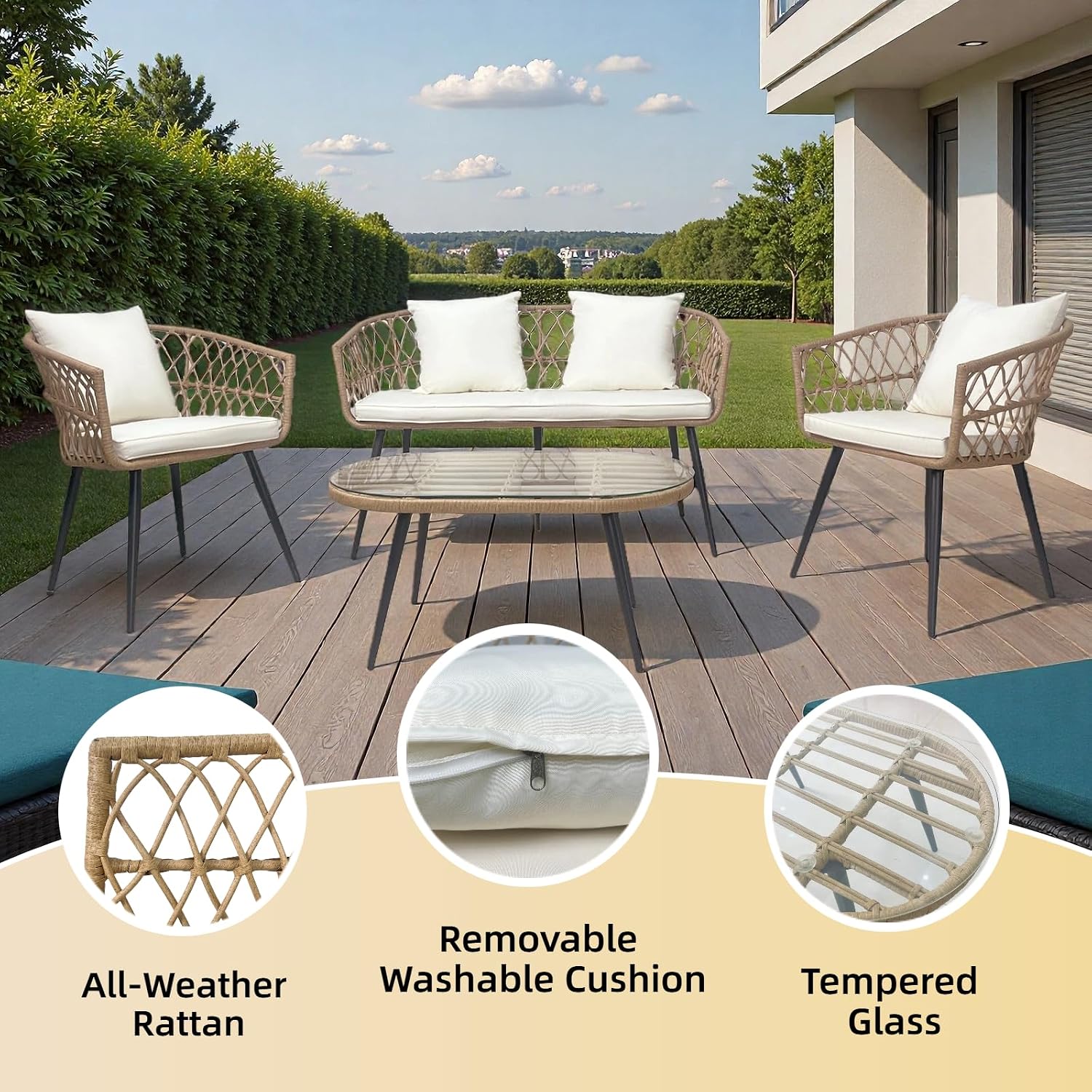 4 Piece Patio Furniture Set,Outdoor Conversation Set with Wicker Sofa, 2 Rattan Chairs and Glass Table, Patio Bistro Set with All Weather Cushions, for Garden, Porch, Backyard (Beige)