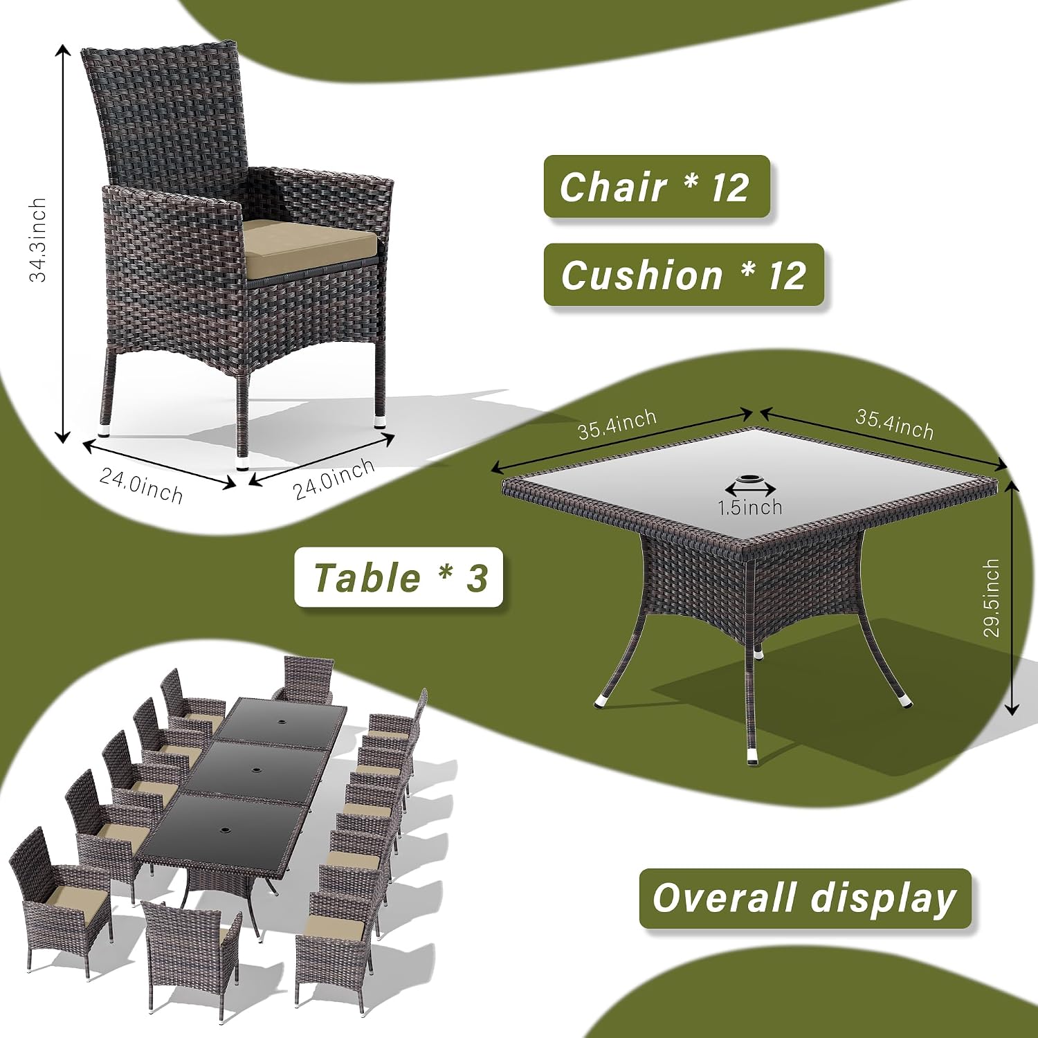 15 Pieces Outdoor Patio Dining Set,Patio Table and Chairs Rattan Outdoor Patio Furniture Set with Umbrella Hole,Dining Table Set for 12 with Chairs for Backyard,Garden and Kitchen,Brown