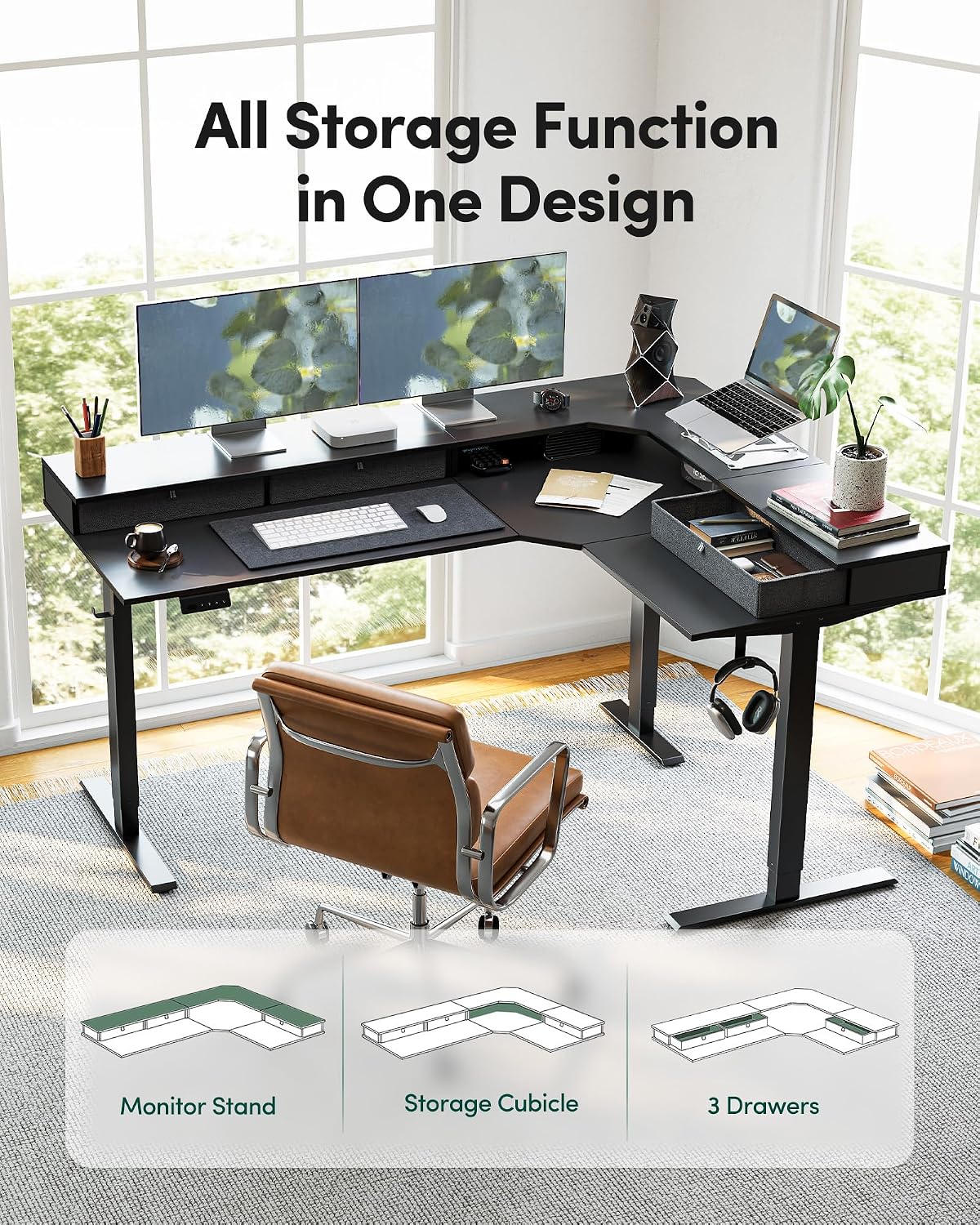 FEZIBO L Shaped Electric Standing Desk, 63 x48 inch Large with Drawers | Reversible Tabletop, 2 Memory Height Settings | Home Office & Gaming Height-Adjustable Table, Black Top/Black Frame（2 packages）