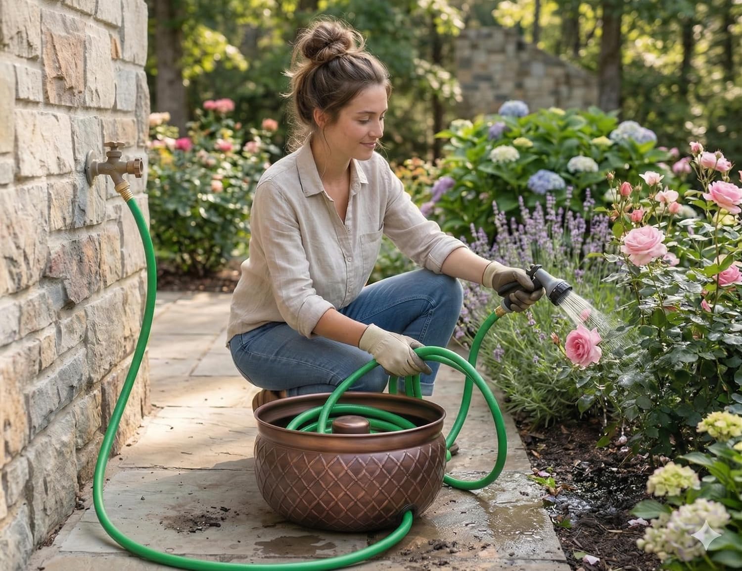 BIRDROCK HOME Water Hose Holder - Decorative Metal Pot, Indoor or Outdoor, Garden Storage Organizer, Patio Portable Bucket - Embossed Steel w/Copper Accents, Holds up to 100ft Hoses