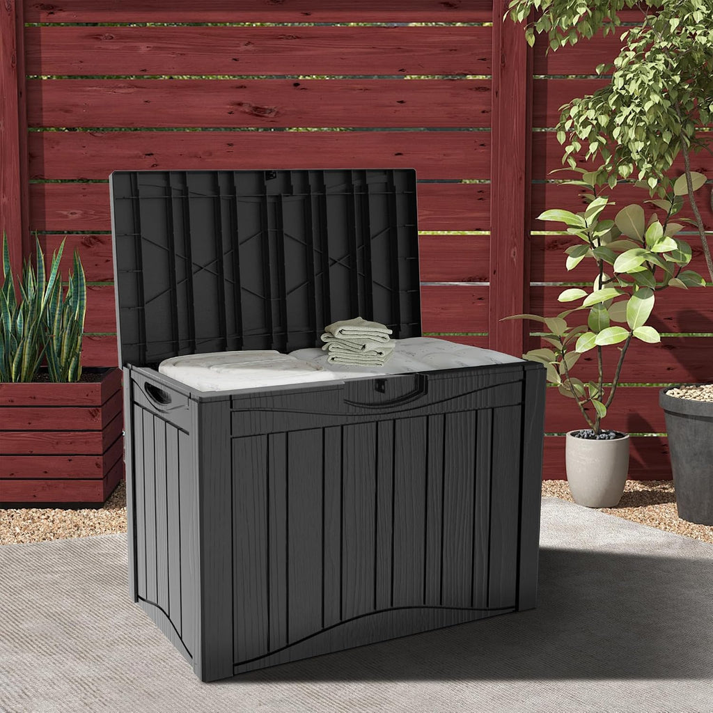 50 Gallon Plus Resin Deck Box, Waterproof Outdoor Storage Bin for Patio, Poolside, and Garden, Lockable & UV-Resistant, Ideal for Small Spaces, Black
