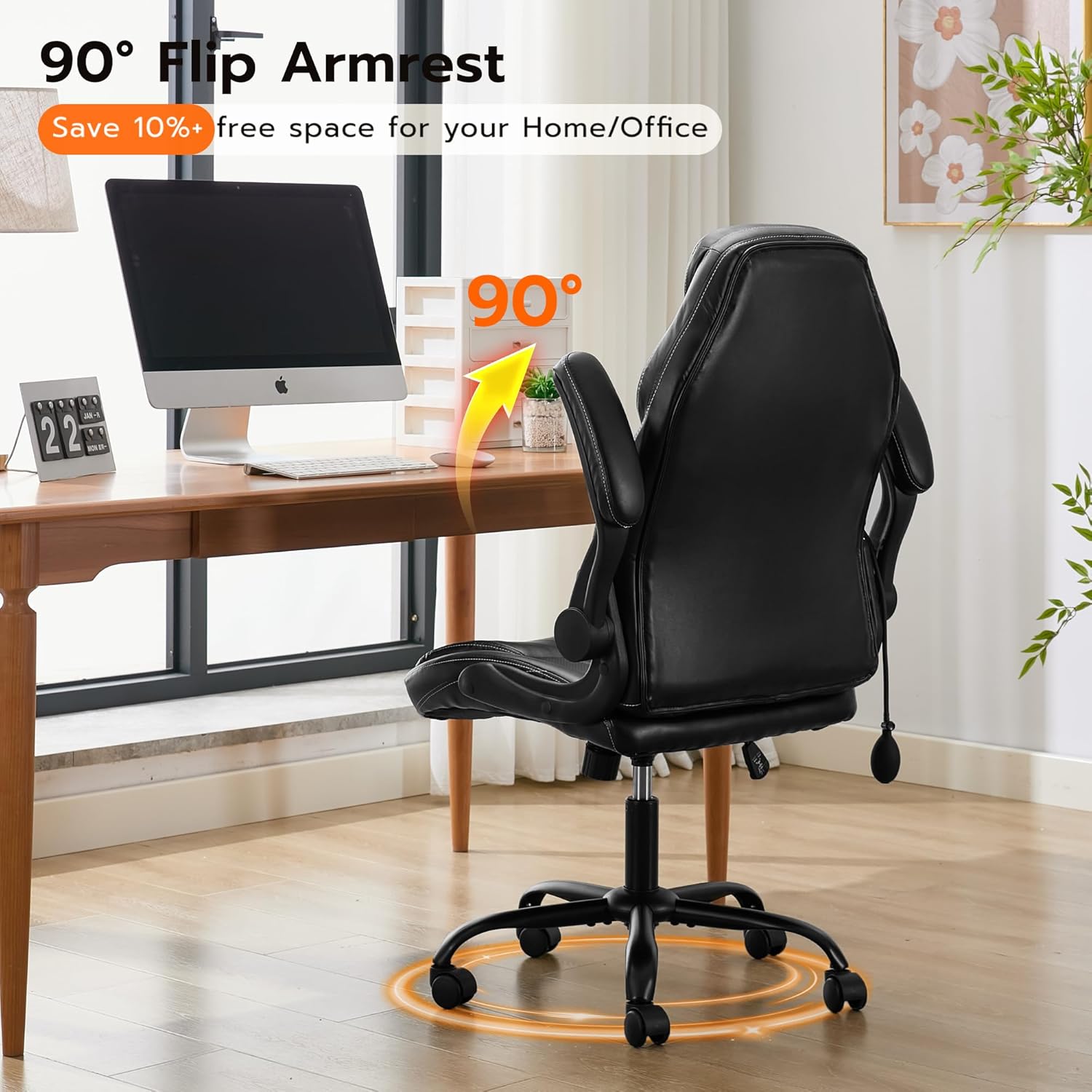 Ylzyxal Office Desk Chair, Ergonomic Computer Chair with Padded Flip-Up Arms and Adjustable Lumbar Support, PU Leather Executive Chair with Tilt Lock and 360° Swivel Rolling Wheels for Work, Study