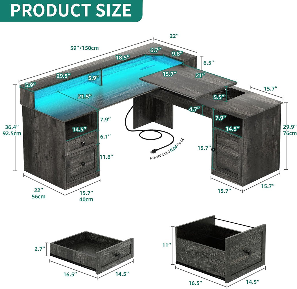 YITAHOME L Shaped Desk with Power Outlets & LED Lights, 60' Corner Computer Desk with Drawers & Lift Top, Home Office Desk with Monitor Stand & File Cabinet, Wood Height Adjustable Desk, Grey