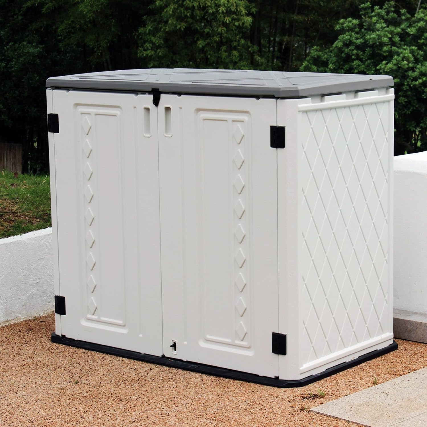 Mrosaa Horizontal Outdoor Storage Shed, 34 Cu.ft Outdoor Storage Cabinet Waterproof for Garden/Backyard/Home/Pool, Lockable (Off White)
