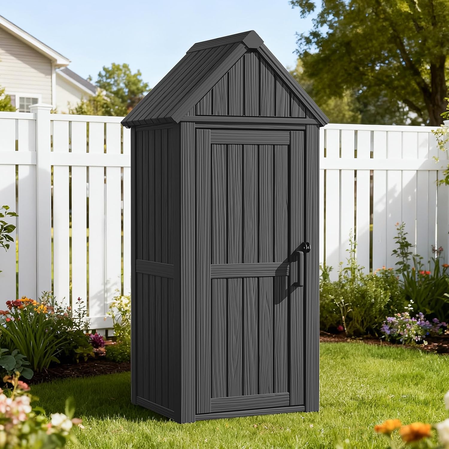 Outdoor Resin Storage Shed, Outdoor Storage Cabinet Waterproof with Hooks and Lock Ring, Multifunctional Storage Shed with Floor and Removable Shelves, All Weather Tool Shed for Patio, Lawn, Gray