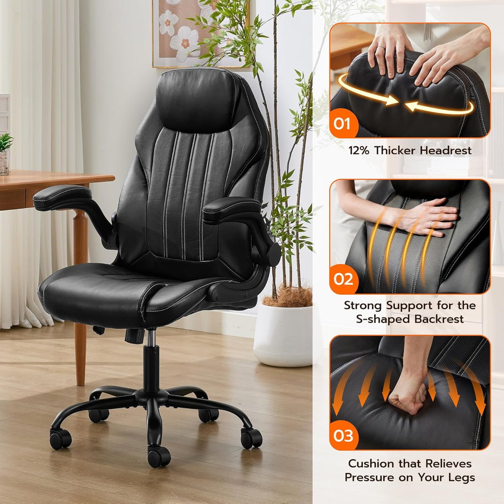 Ylzyxal Office Desk Chair, Ergonomic Computer Chair with Padded Flip-Up Arms and Adjustable Lumbar Support, PU Leather Executive Chair with Tilt Lock and 360° Swivel Rolling Wheels for Work, Study