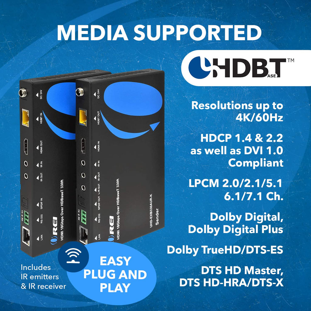 OREI 4K HDMI Extender Balun- HDBaseT UltraHD 4K 60Hz 4:4:4 over Single CAT5e/6/7 Cable with HDR, KVM, CEC, ARC , IR Support, RS-232 - upto 330 Ft