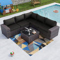 Kullavik Outdoor Patio Furniture Set 6 Pieces Sectional Rattan Sofa Set Brown PE Rattan Wicker Patio Conversation Set with 5 Seat Cushions and 1 Tempered Glass Table,Black