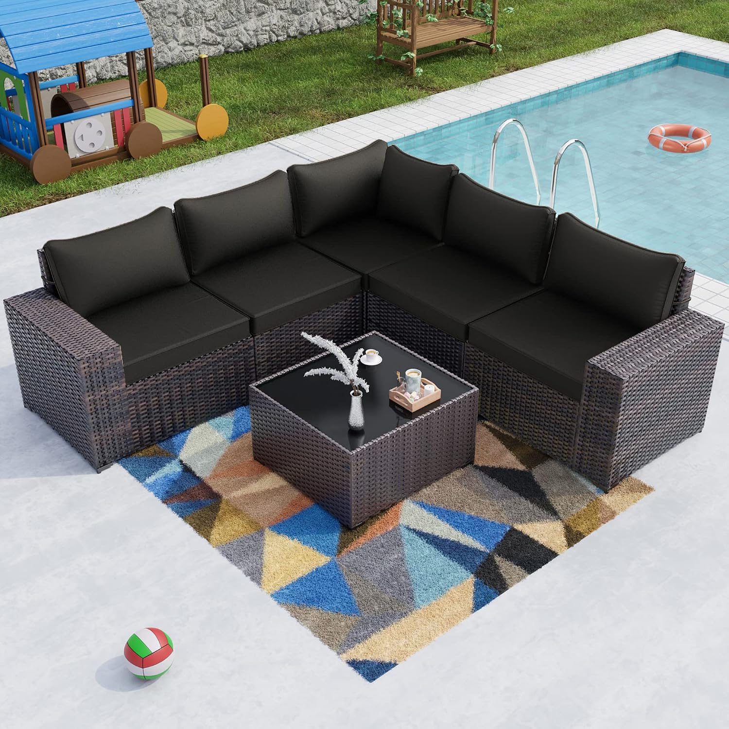 Kullavik Outdoor Patio Furniture Set 6 Pieces Sectional Rattan Sofa Set Brown PE Rattan Wicker Patio Conversation Set with 5 Seat Cushions and 1 Tempered Glass Table,Black