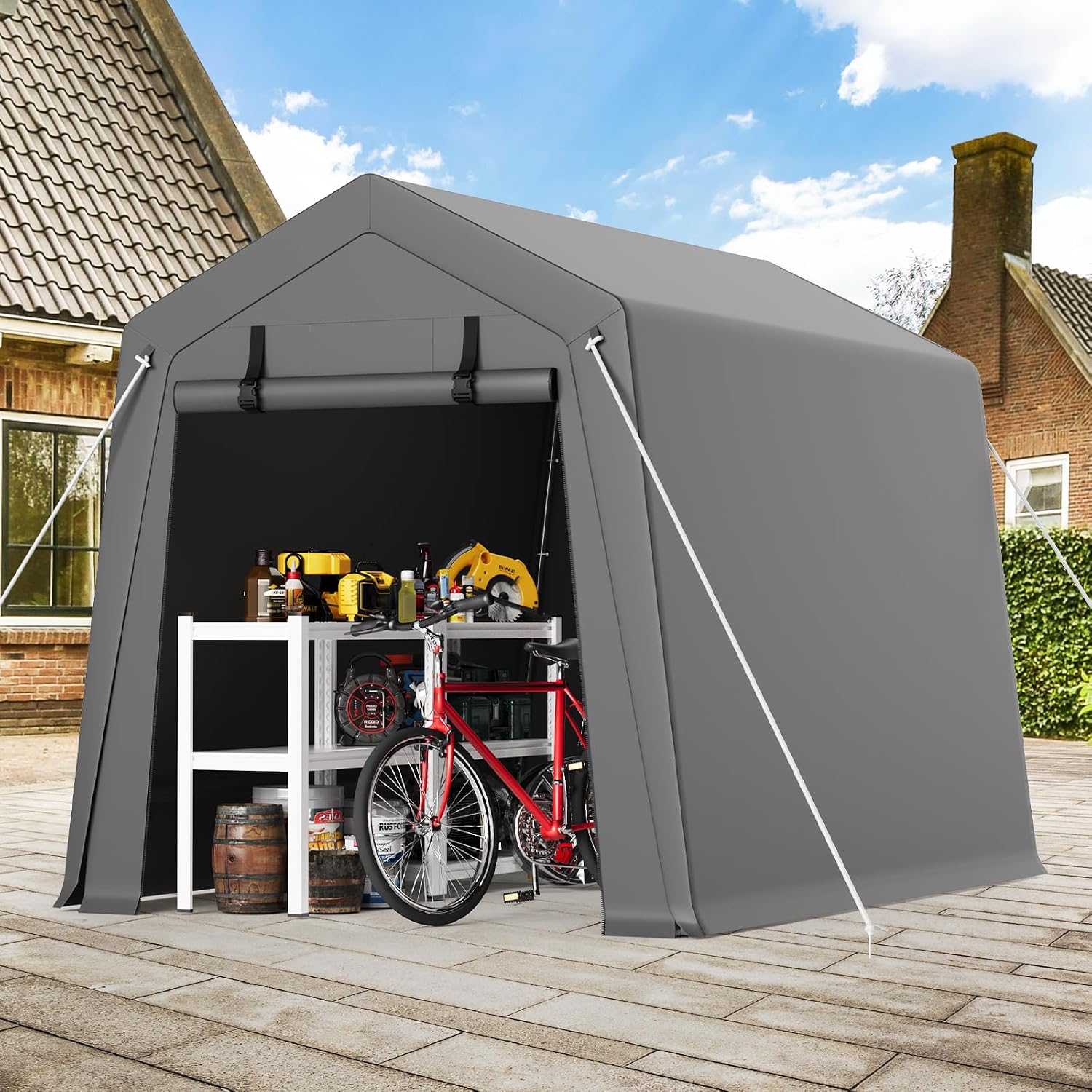 Garvee 6 ft x8 ft Outdoor Portable Storage Shed, Waterproof & UV-Resistant Garage Shelter with 2 Roll-Up Zipper Doors, Anti-Snow Carport Tent for Motorcycle, Bike, and Outdoor Equipment, Gray