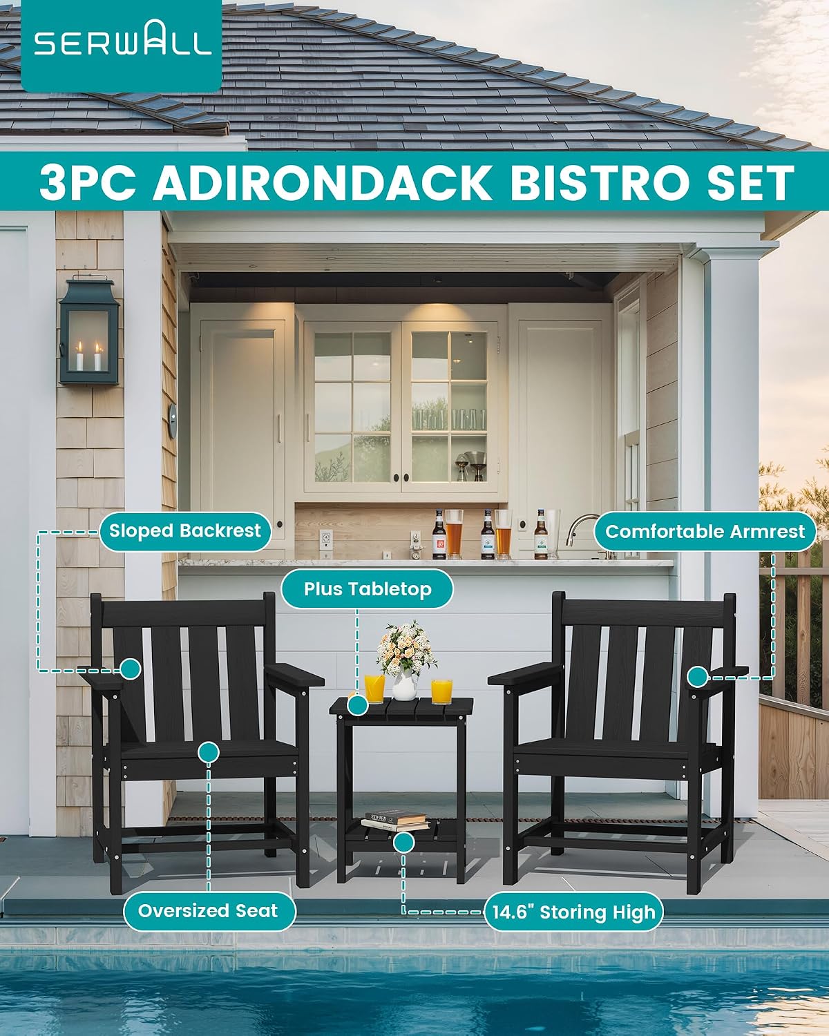 SEWRWALL Patio Furniture Set, HDPE Material All Weather Use Adirondack Chair Set with Side Table for Balcony, Porch, Garden, Backyard- Black