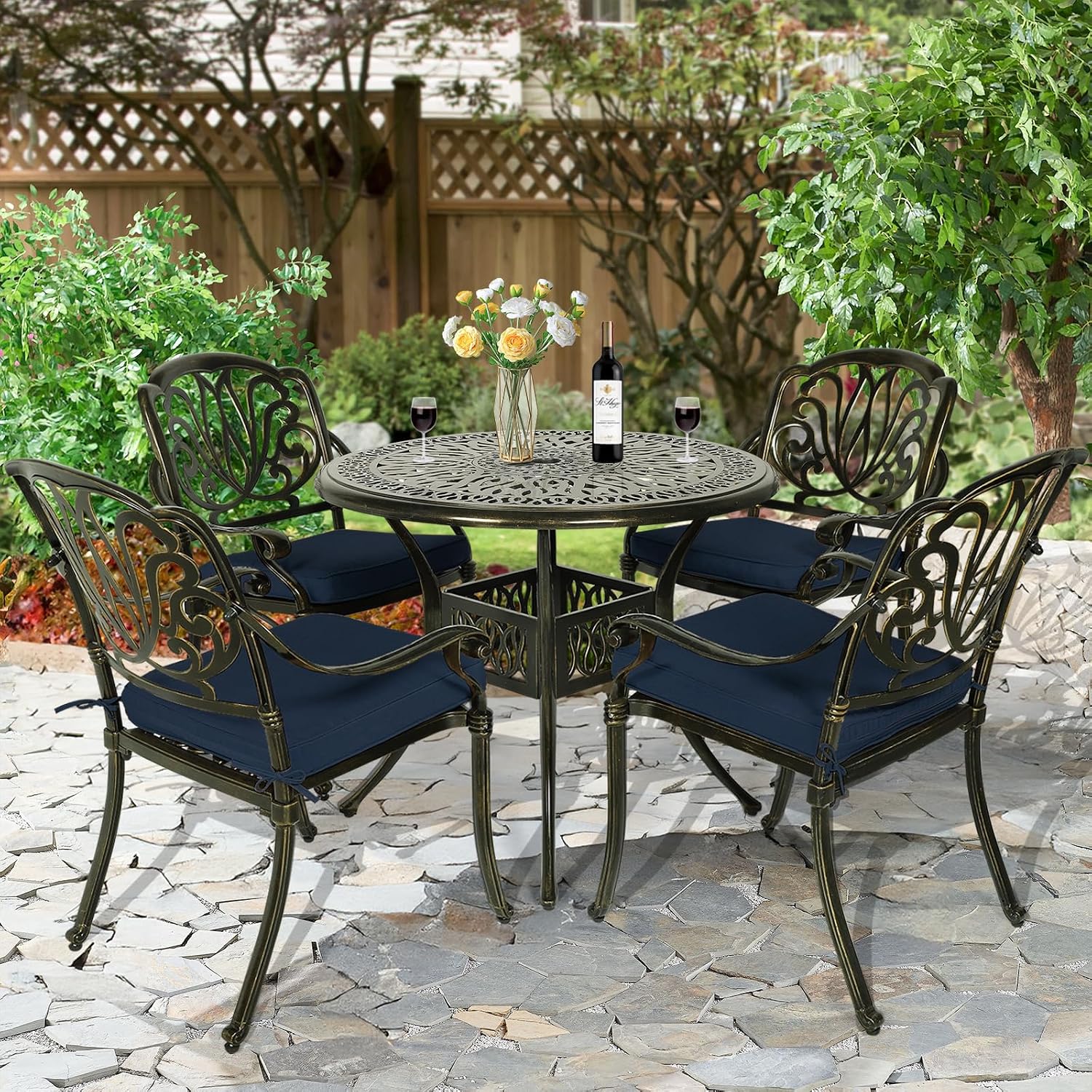 5-Piece Outdoor Patio Dining Set, All-Weather Cast Aluminum Patio Furniture Set for Backyard Garden Deck with 4 Chairs, 4 Cushions and 35.4' Round Table, 2' Umbrella Hole, Navy