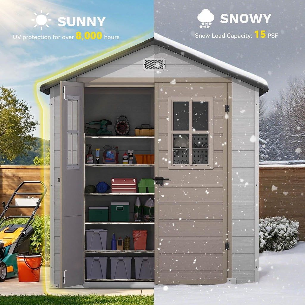 DWVO 6x4.4 FT Outdoor Storage Shed, Plastic Garden Tool Shed with 2 Windows, Double-Wall Outside Shed for Lawn Mower, Garden Tool for Backyard Patio, Lockable, Greige&Gray