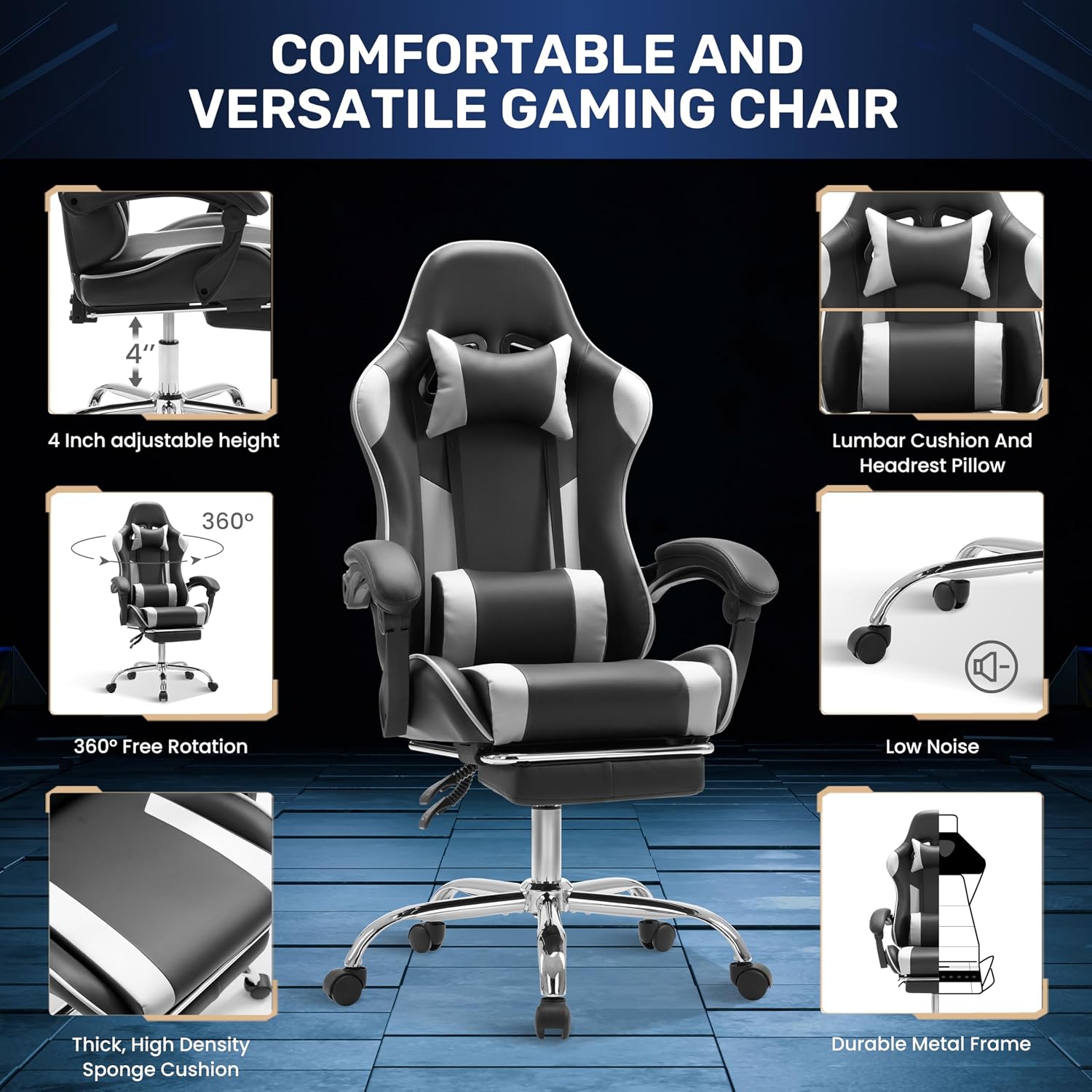 YSSOA Gaming Chair, Backrest and Seat Height Adjustable Swivel Recliner Racing Office Computer Ergonomic Video Game Chair with Footrest and Lumbar Support, Height Adjustable with 360° Swive, White