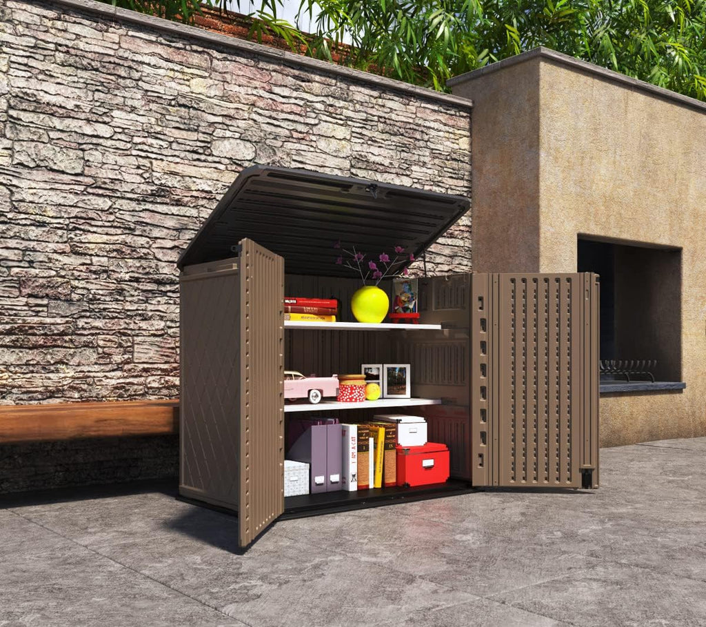 Mrosaa Horizontal Resin Storage Shed, 34 Horizontal Cu.ft Outdoor Storage Cabinet Waterproof for Garden/Backyard/Home/Pool, Lockable(34 Cu.ft-Brown)