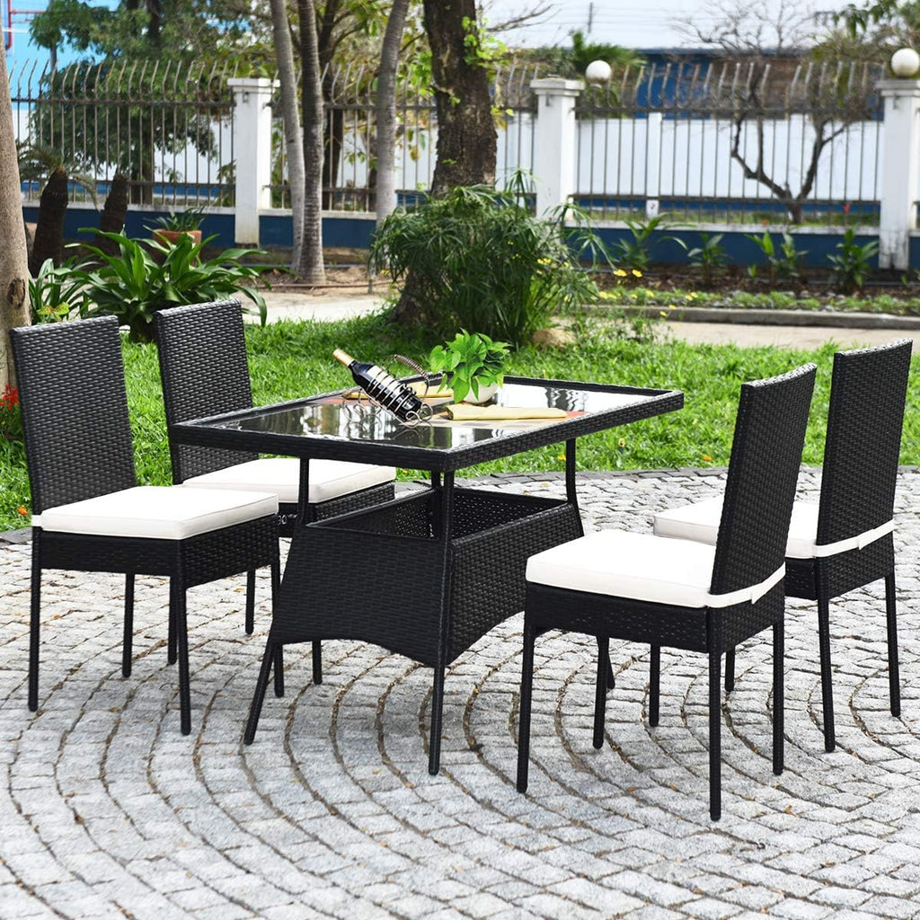 Tangkula 10 Pieces Wicker Patio Dining Set, Outdoor Rattan Table & Chairs Set with Padded Cushions, Patio Furniture Dining Glass Table Set for Balcony Patio Garden Poolside