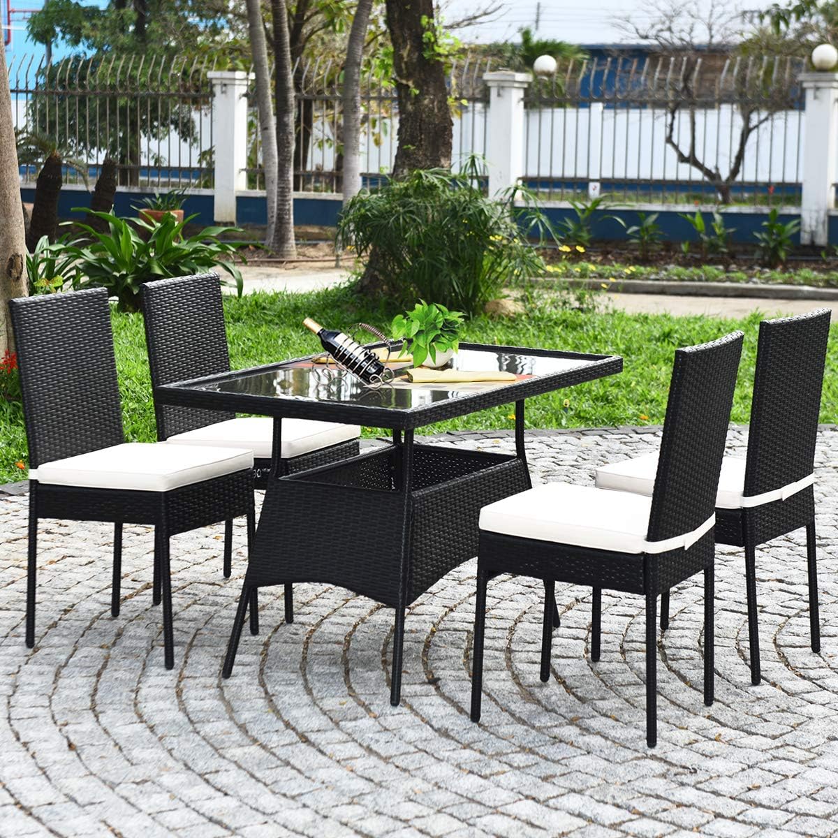 Tangkula 10 Pieces Wicker Patio Dining Set, Outdoor Rattan Table & Chairs Set with Padded Cushions, Patio Furniture Dining Glass Table Set for Balcony Patio Garden Poolside