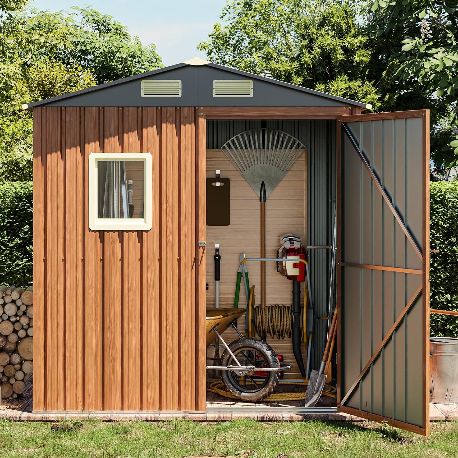 Outdoor Storage Shed 6x4 Ft, Lockable Metal Garden Shed with Window, Tool Shed Tiny House Vertical Outside Storage Building for Backyard, Lawn, Patio, Bike