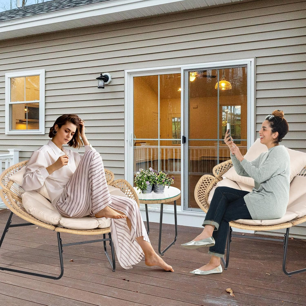 3 Pieces Rattan Bistro Set, Flower-Shaped Wicker Patio Furniture Set with Cushion & Pillow, Bistro Table and Chairs Set of 2 with Glass Top Table Adjustable Foot Pads in Balcony, Apartment