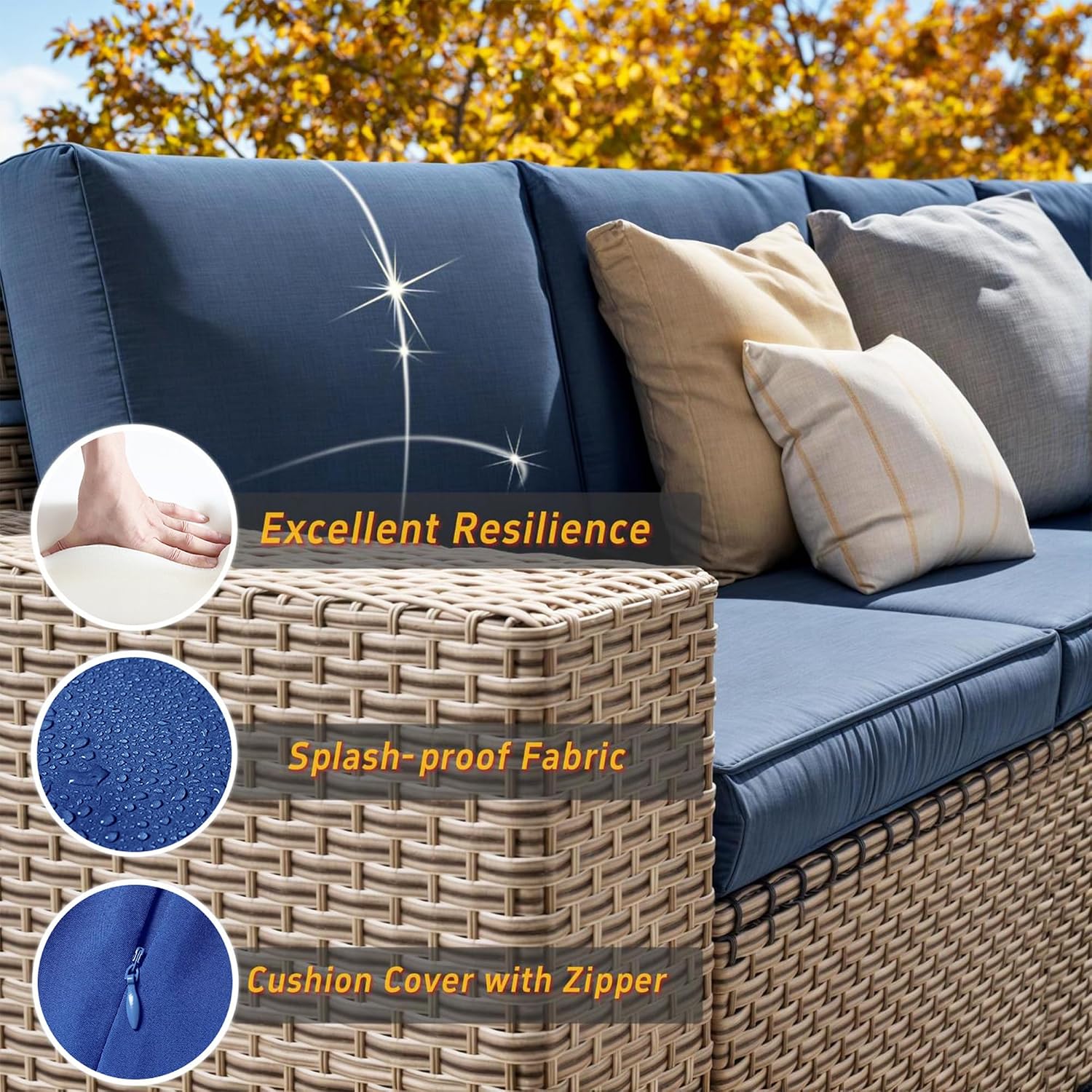 6 Pieces Patio Furniture Set, Outdoor Sectional Wicker Sofa with Thickened Cushions and Coffee Table, High Back Rattan Patio Conversation Sets for Garden Backyard, Navy