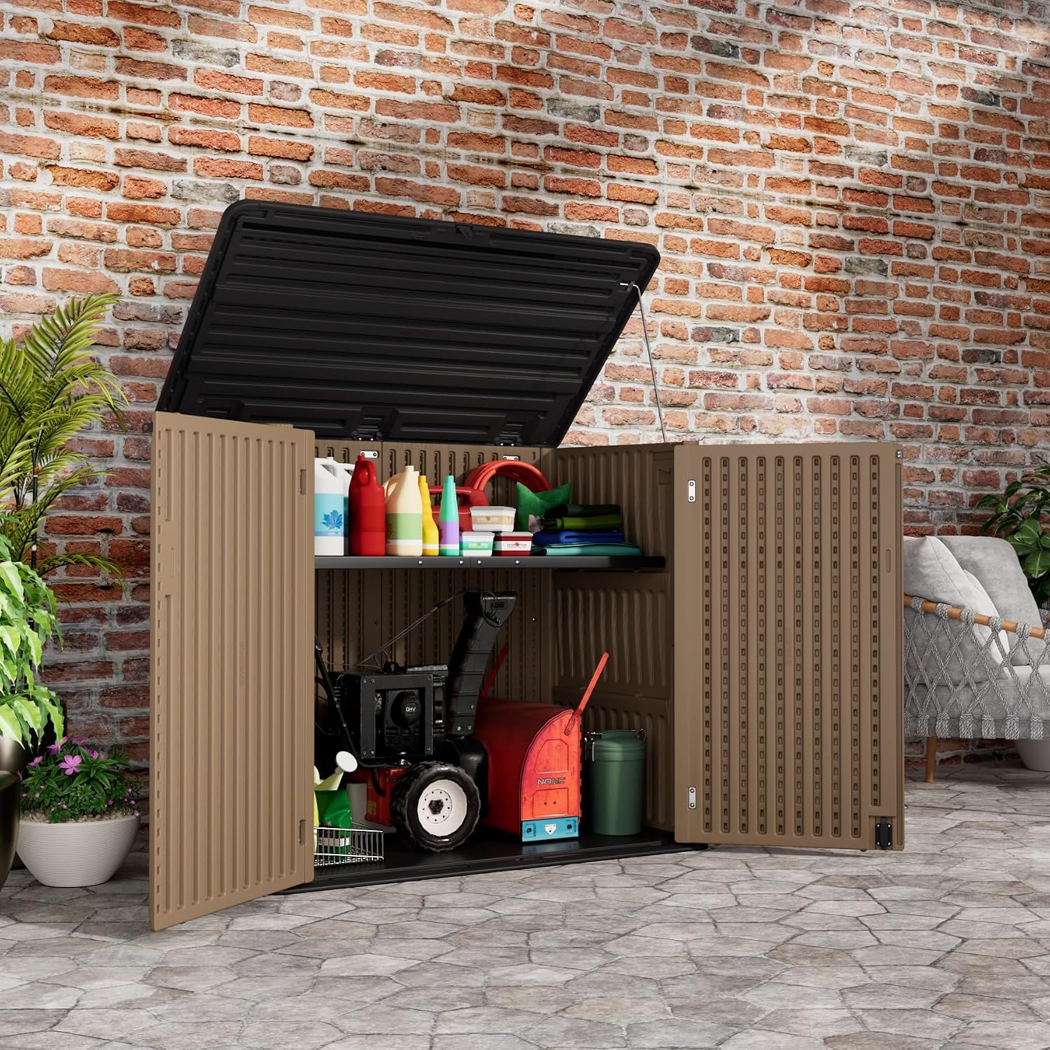 Mrosaa Resin Outdoor Storage Shed, Outdoor Storage Box Waterproof for Garden Tools, Patio Furniture, Trash Cans, Garage Storage, Lockable