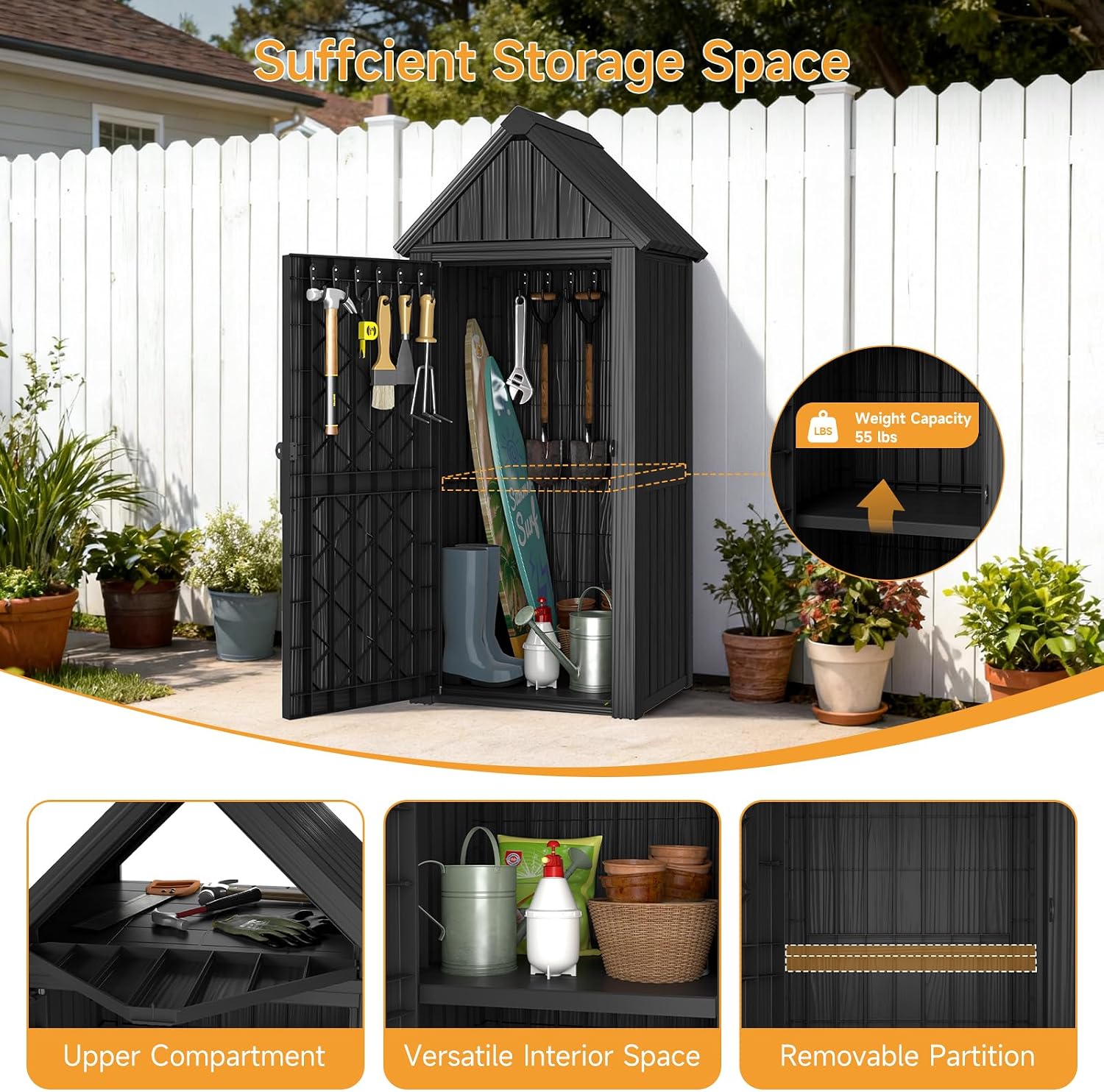 Outdoor Resin Storage Shed, Outdoor Storage Cabinet Waterproof with Hooks and Lock Ring, Multifunctional Storage Shed with Floor and Removable Shelves, All Weather Tool Shed for Patio, Lawn, Gray