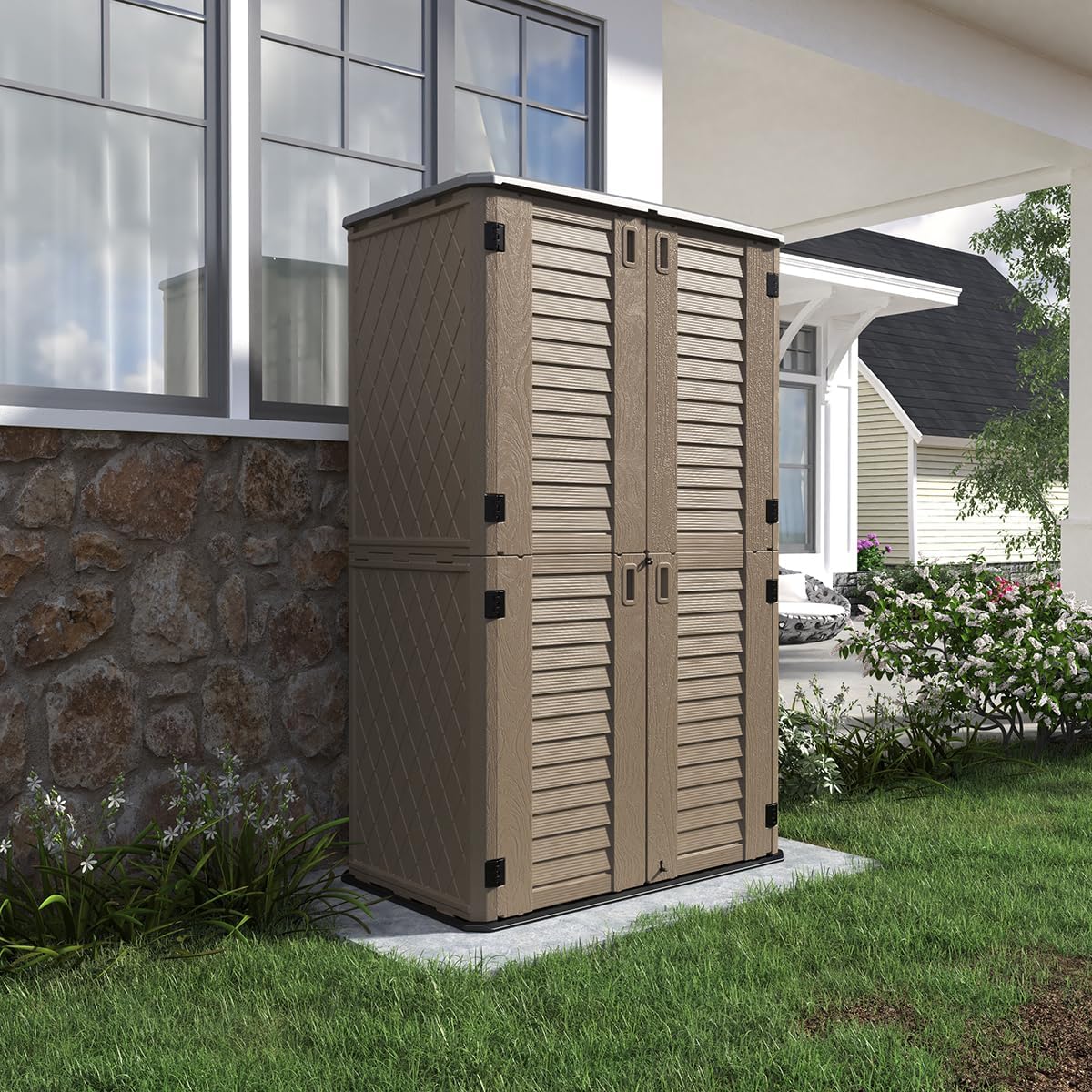 KINYING Sheds & Outdoor Storage, 66 cu.ft Vertical Outdoor Storage Cabinet, Resin Storage Sheds Outdoor with Floor for Garden Tools,Patio Furniture,Garbage Cans(Brown Color)