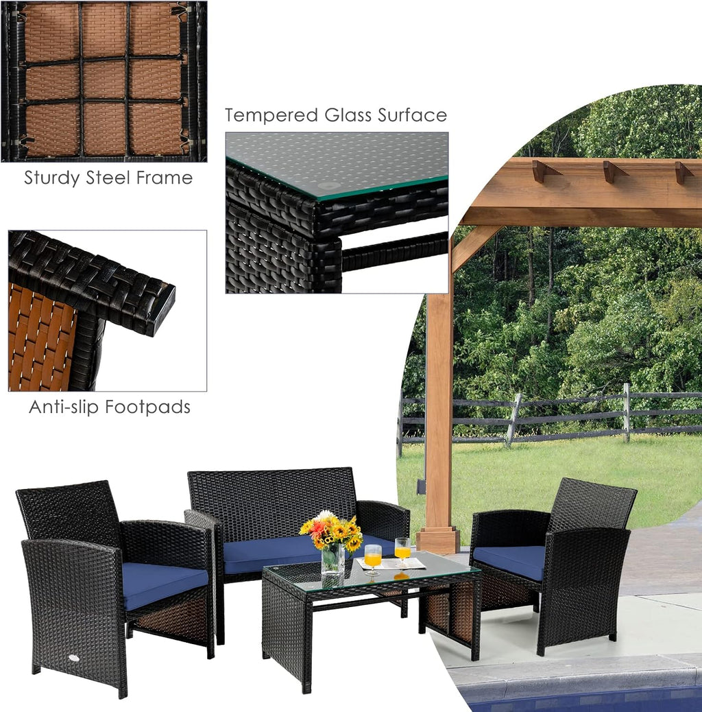 Tangkula 4 Pieces Rattan Furniture Set, Outdoor Conversation Set w/Chair & Loveseat & Tempered Glass Coffee Table, Suitable for Garden, Backyard, Poolside, Patio Furniture Set for 4 (1, Blue)