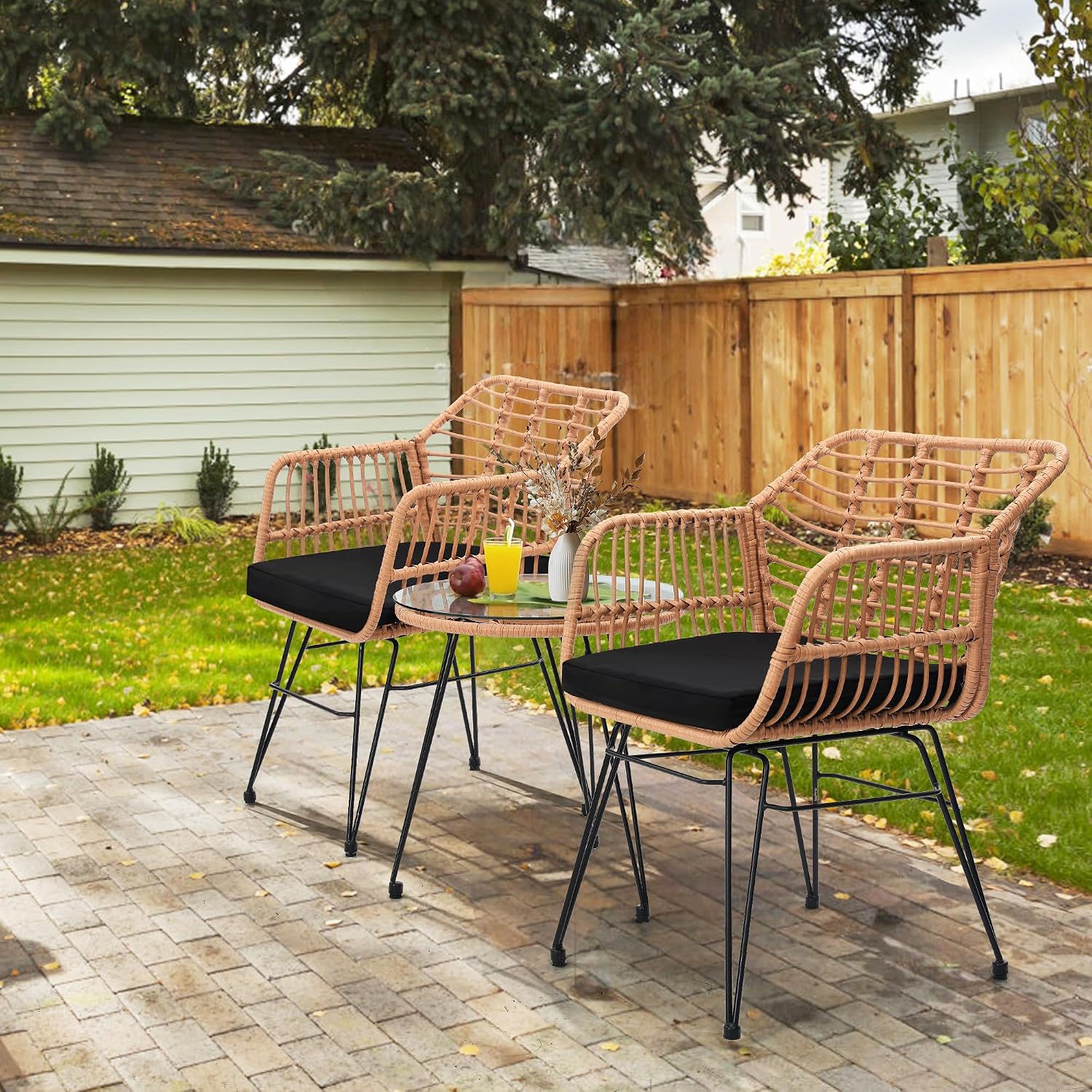 KROFEM 3 Piece Wicker Patio Bistro Furniture Set, Includes 2 Rattan Chairs and Glass Top Table, Ideal for Porch, Outdoor, Backyard, Apartment, Balcony, Natural