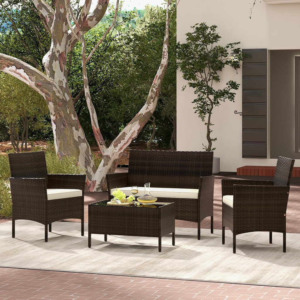 Tangkula 8 Piece Patio Rattan Conversation Set, Outdoor Wicker Furniture Set with Chair, Loveseat & Tempered Glass Table, Cozy Seat Cushions, Outside Sectional Sofa Set for Backyard, Porch (2, Beige)