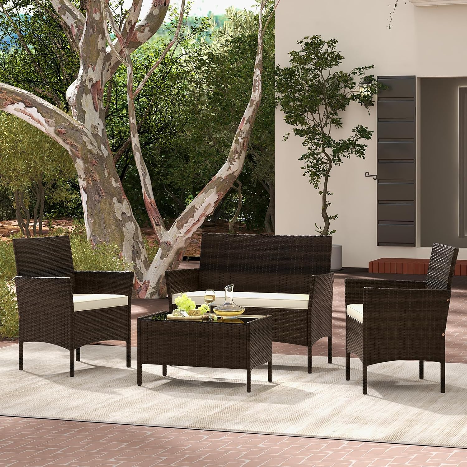 Tangkula 8 Piece Patio Rattan Conversation Set, Outdoor Wicker Furniture Set with Chair, Loveseat & Tempered Glass Table, Cozy Seat Cushions, Outside Sectional Sofa Set for Backyard, Porch (2, Beige)