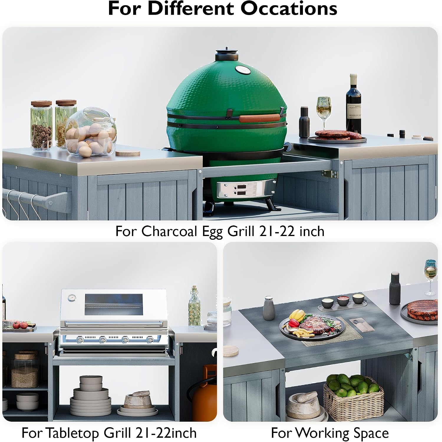 Merax 66.5' Outdoor Grill Table for Big Green Egg, Farmhouse Kitchen Island on Wheels with Stainless Steel Tabletop, Drawer and Spice Rack, Solid Wood Outdoor Storage Cabinet for Backyard, Grey Blue