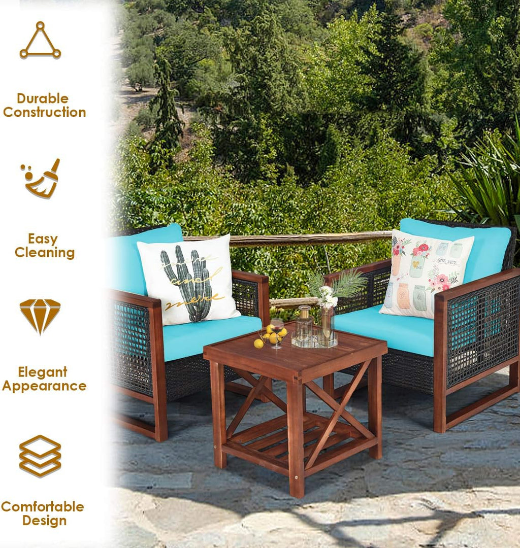HAPPYGRILL 3 Pieces Outdoor Patio Furniture Set Wicker Chairs with Coffee Table, Balcony Porch Furniture Bistro Set with Acacia Wood Frame and Washable Cushions for Garden Poolside Backyard