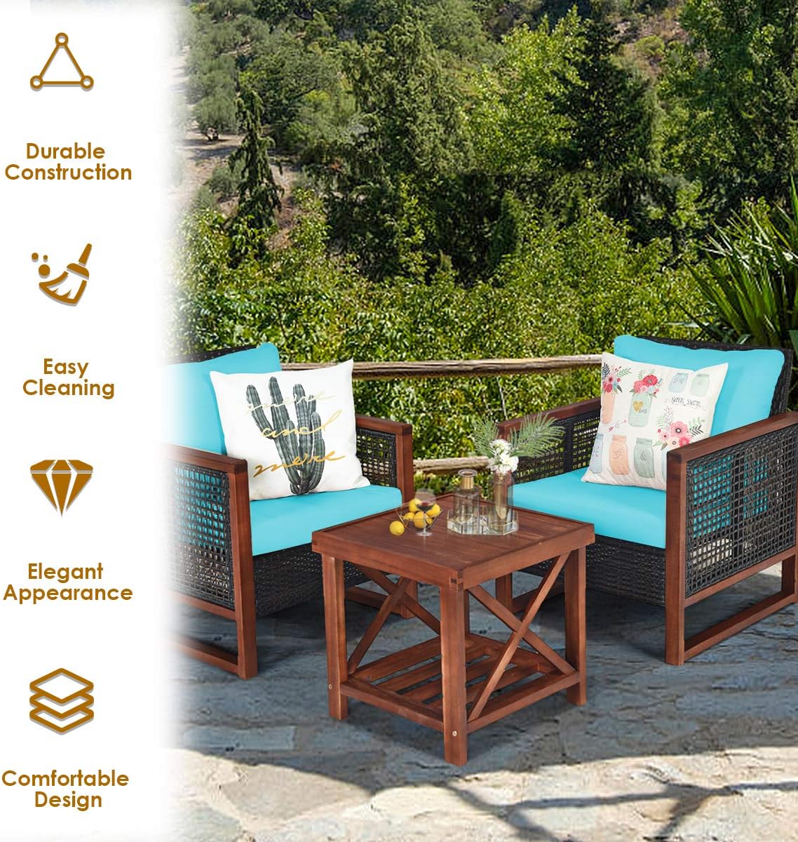 HAPPYGRILL 3 Pieces Outdoor Patio Furniture Set Wicker Chairs with Coffee Table, Balcony Porch Furniture Bistro Set with Acacia Wood Frame and Washable Cushions for Garden Poolside Backyard