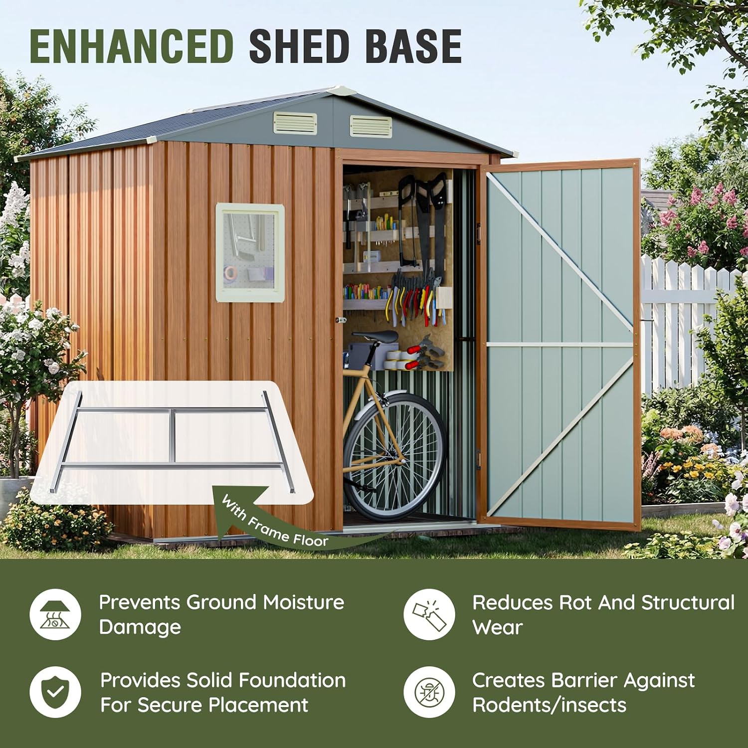 Outdoor Storage Shed 6x4 Ft, Lockable Metal Garden Shed with Floor Base, Tool Shed Tiny House Vertical Outside Storage Building for Backyard, Lawn, Patio, Bike (6x4 FT/Base)
