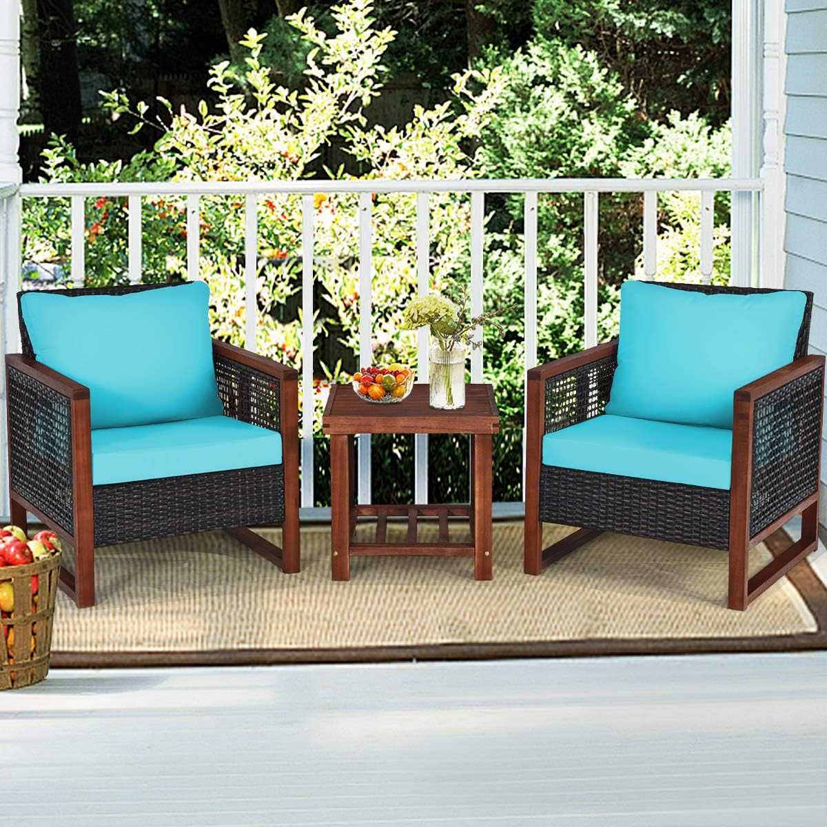 HAPPYGRILL 3 Pieces Outdoor Patio Furniture Set Wicker Chairs with Coffee Table, Balcony Porch Furniture Bistro Set with Acacia Wood Frame and Washable Cushions for Garden Poolside Backyard