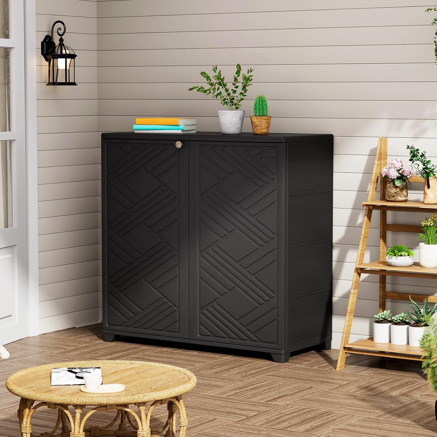 ZZM Indoor/Outdoor Storage Cabinet Waterproof, 34'x15'x34' Plastic Outdoor Storage Box for Garden Balcony Bathroom, All Weather Outdoor Storage Clearance, DIY Usage, with 1 Shelf (Black)