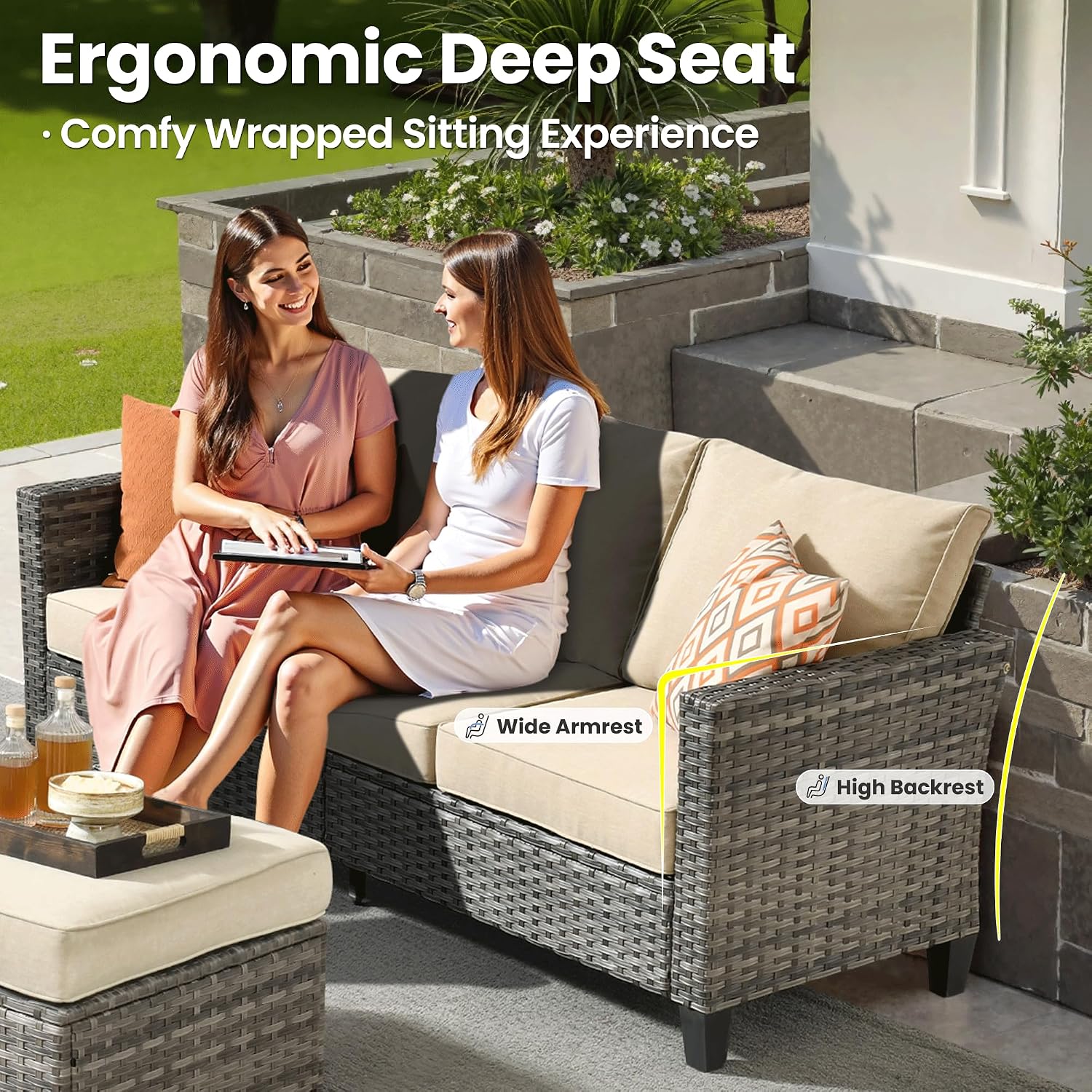 ovios Patio Sofa 3 Pieces Patio Furniture Set Outdoor Wicker Sofa Couch with Ottomans Thick Cushions, All Weather Rattan Conversation Set for Porch Backyard Deck, Beige