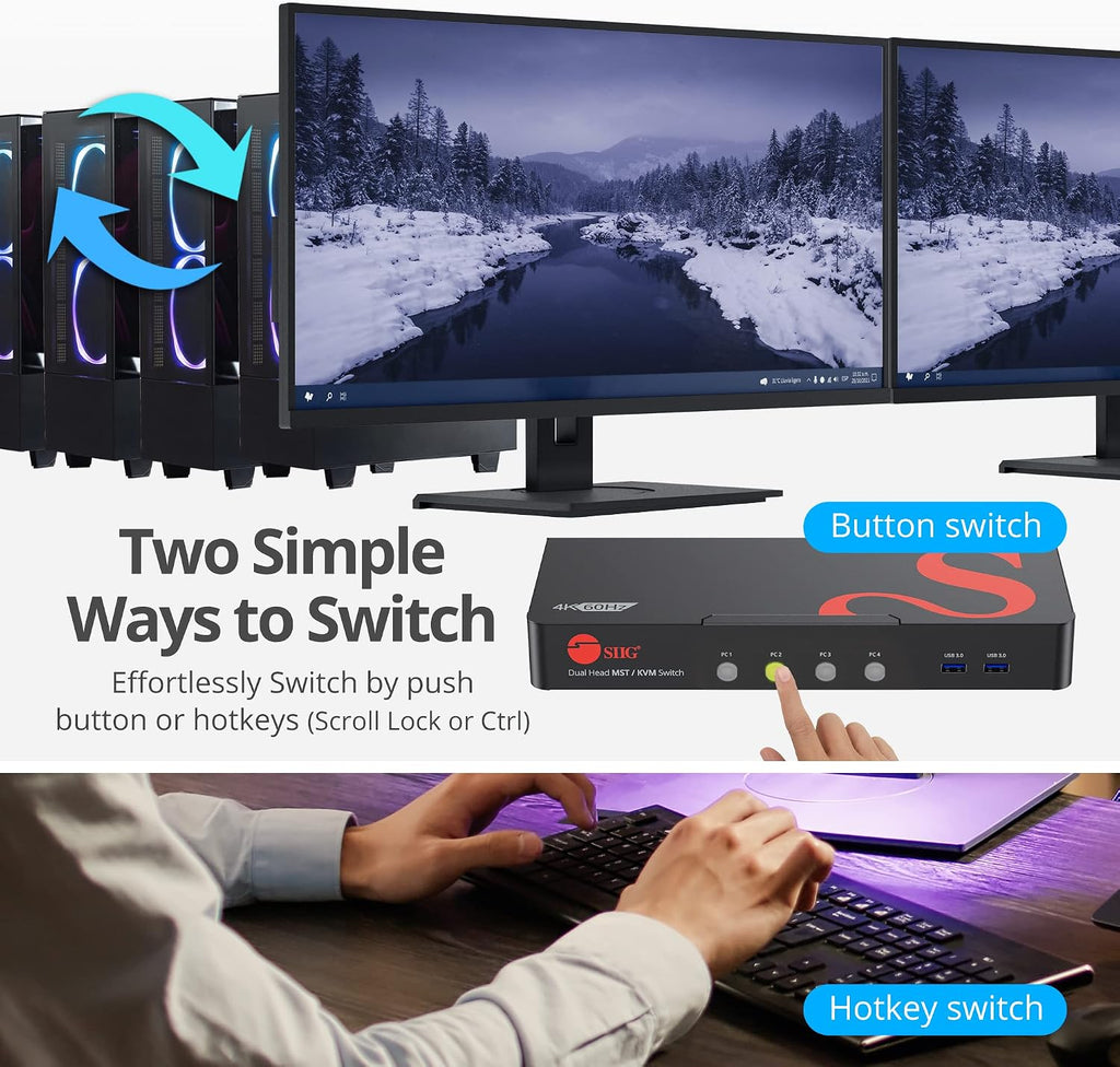 SIIG Dual Monitor DisplayPort KVM Switch 4 Computers 2 Monitors, 4X USB-A 5G, DP 1.4/ 8K 30Hz/ 4K 144hz with 3.5mm Audio & Mic, Keyboard & Mouse, TAA Compliant (CE-KV0H11-S1)
