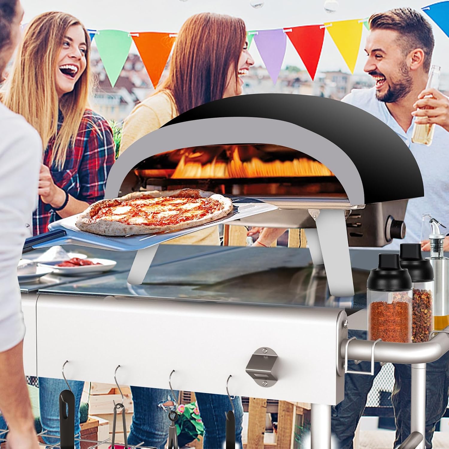 Pizza Oven Table Grill Cart with Pizza Topping Station Movable Food and Prep Workcart Outdoor Grill Table Stand for Ninja Woodfire Blackstone Griddle Cuisinart etc Grill, Barbecue tool set