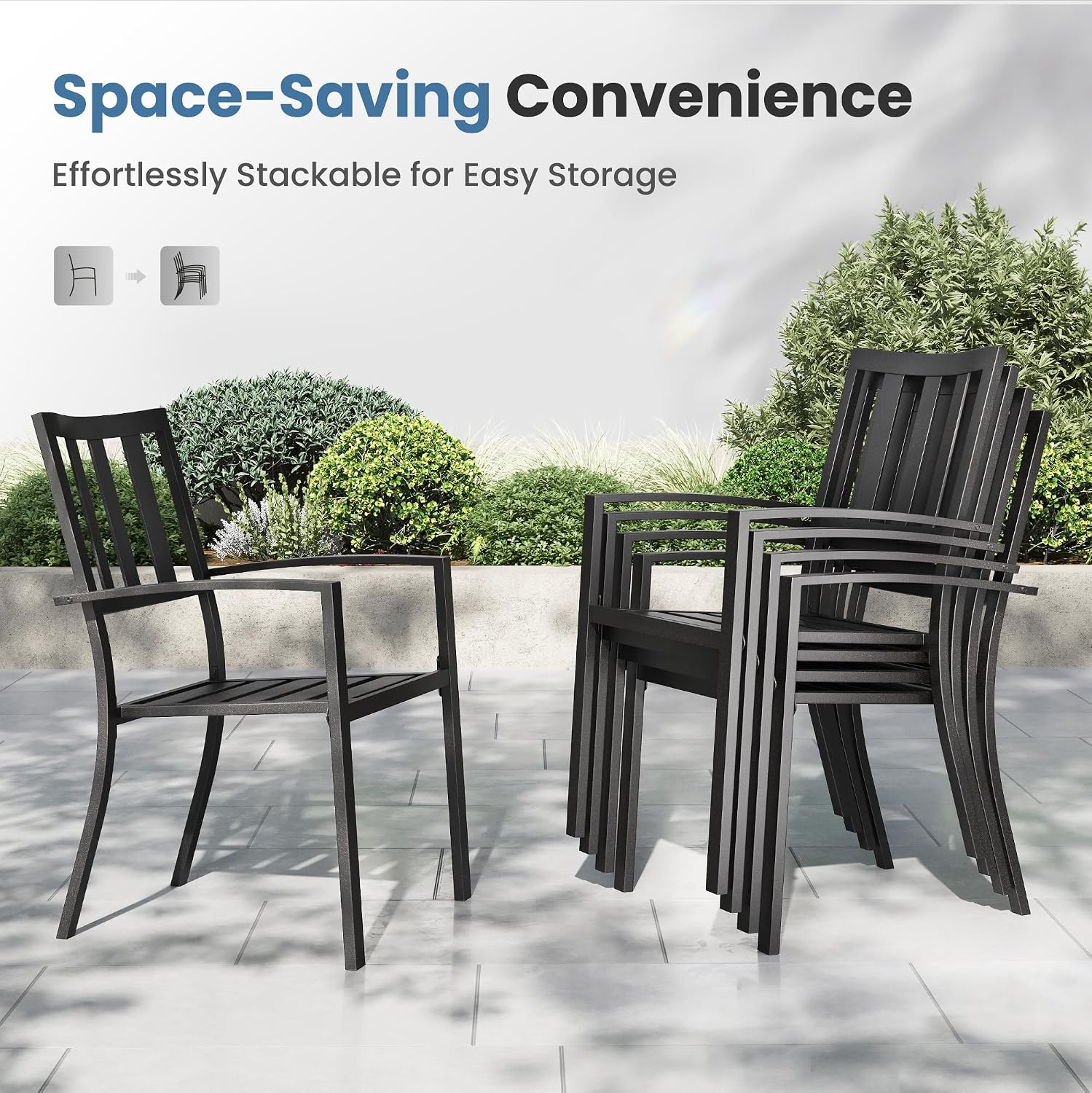 PHI VILLA 9 Pieces Outdoor Dining Set for 8, 83' Rectangular Metal Table with Umbrella Hole & Stackable Black Wrought Iron Chairs, Large Outside Furniture for Patio, Deck, Yard, Porch