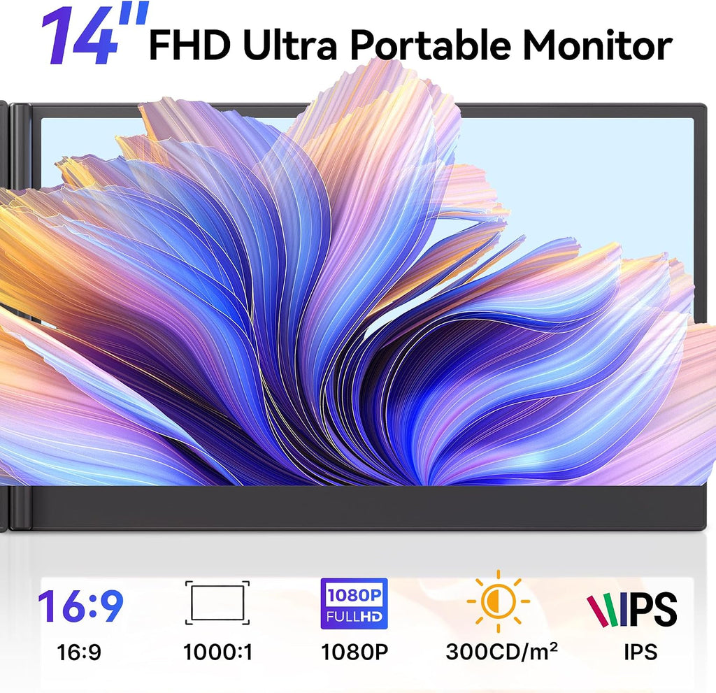 Laptop Screen Extender - 14' FHD IPS 1080P Dual Portable Monitor for 13.3'-17.3' Laptop USB-C/USB-A/HDMI Monitors Display Travel Work Monitor Extender for Mac Windows