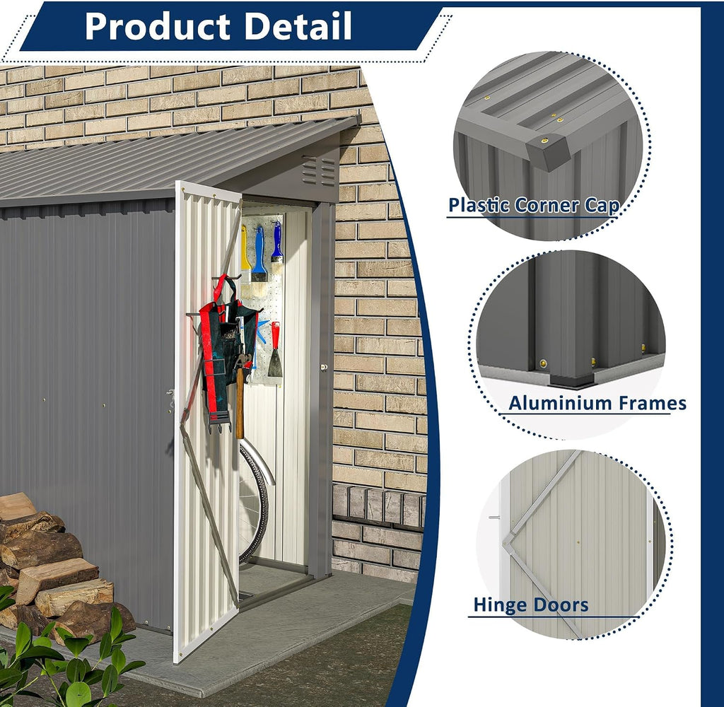 4×8 Ft Outdoor Storage Shed, Metal Lean to Storage Shed for Backyard, Patio, Garden, Gray