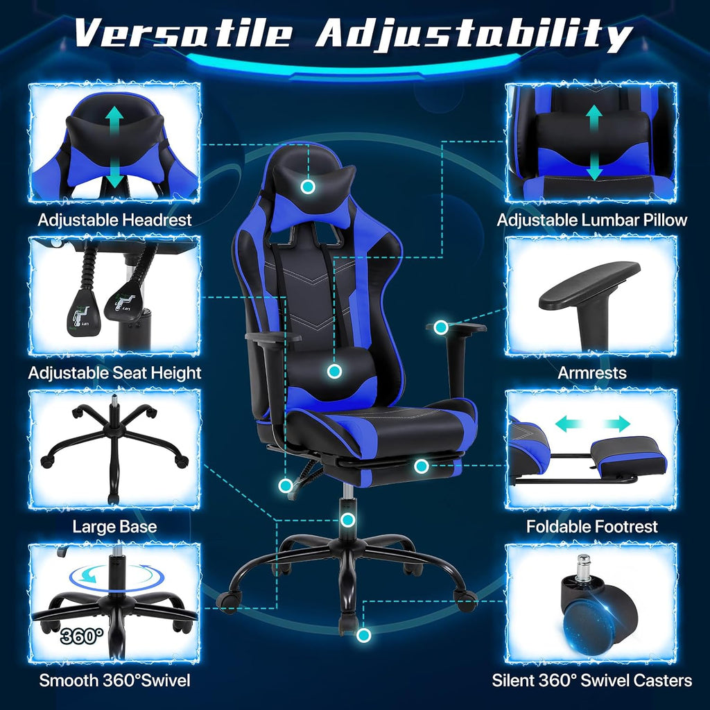 Ergonomic Gaming Chair with Footrest, High Back PU Leather Office Desk Chair for Adults Teens, Rolling Swivel Computer Chair (Blue)