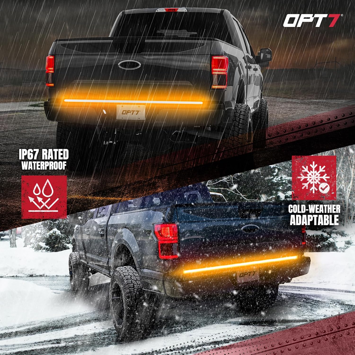 OPT7 Dynamic Taillight for F150 2015-2020 w/Blind Spot Monitor – Redline 60' Aluminum Rigid 1-Piece Triple Row LED Truck Tailgate Light Bar w/Sequential Amber Turn + Plug'n'Play Harness