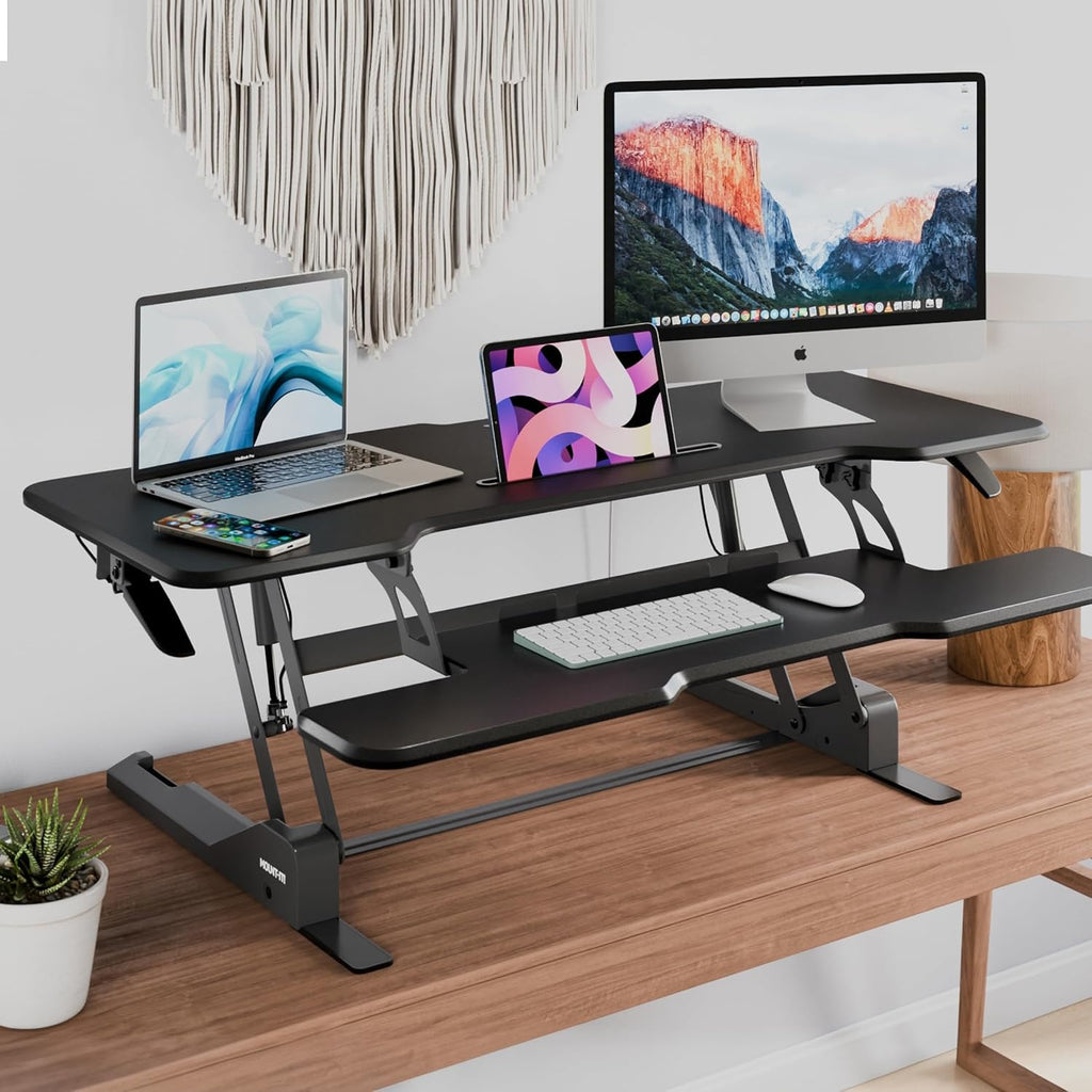 Mount-It! 47' Standing Desk Converter, XL Desktop Sit-Stand Desk Riser with Gas Spring Height Adjustment, Wide Desk Topper for Dual Monitors or Monitor & Laptop, Keyboard Tray, Black