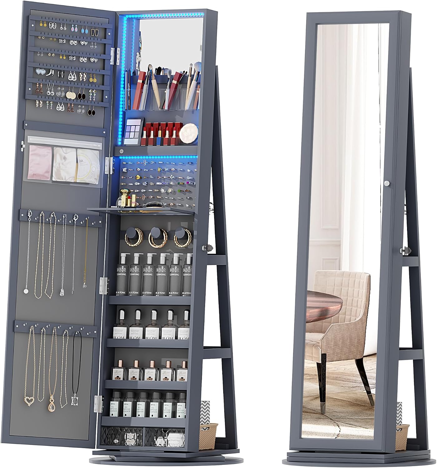 360° Rotating LED Jewelry Armoire with Lockable,3 Color Dimmable Full Length Mirror with Makeup Tray,Jewelry Organizer Cabinet with Back Storage Shelves