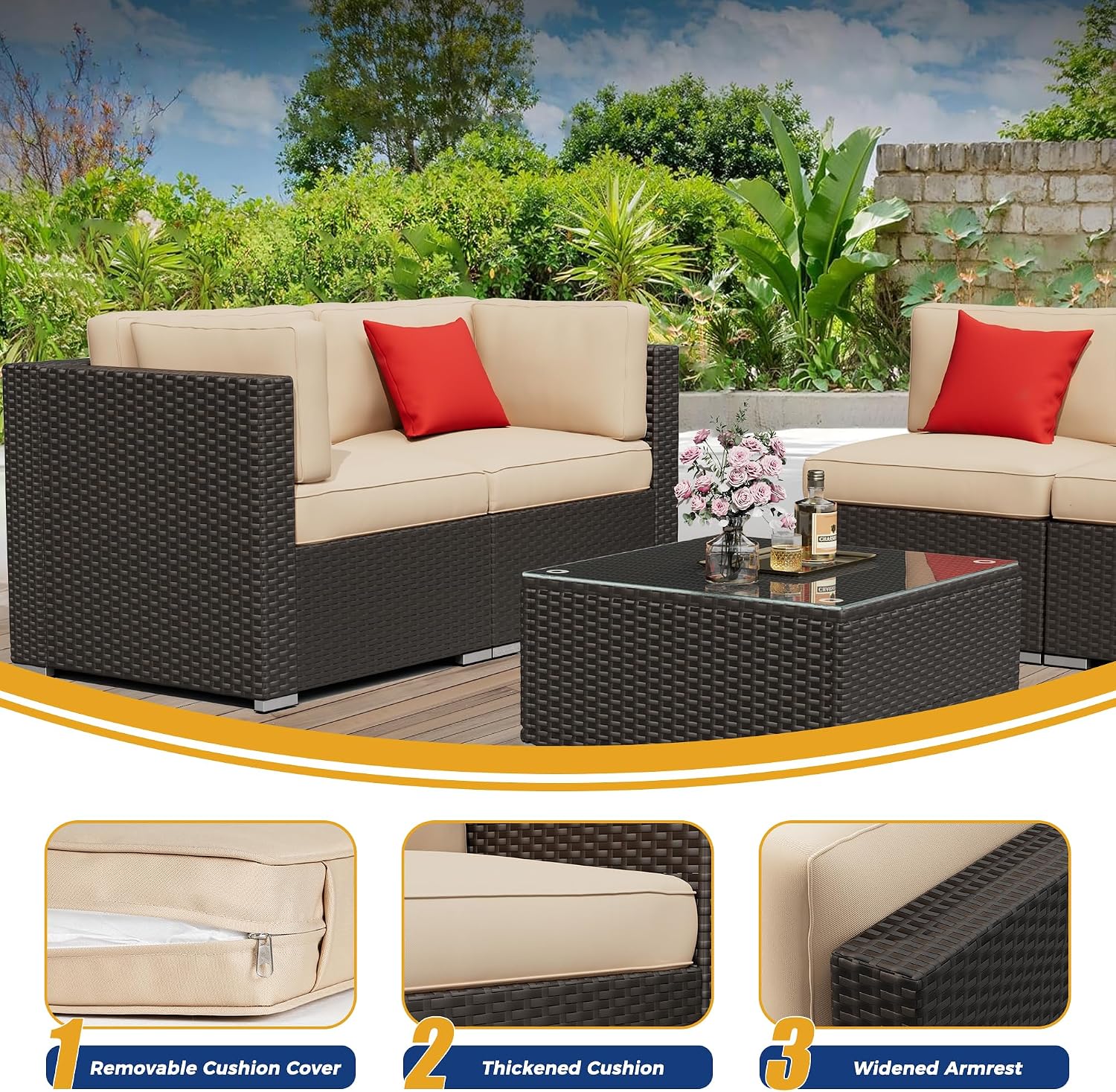 Incbruce 7-Piece Patio Furniture Set, All-Weather Conversation Set, PE Wicker Rattan Outdoor Sectional Couch with Glasstop Table and Removable Cushions (Brown)