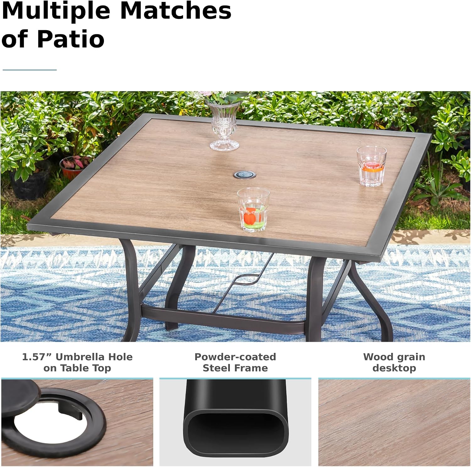 MFSTUDIO Outdoor Dining Set for 4, Patio Table and Chairs Set with Umbrella Hole, Metal Patio Dining Set for Deck/Backyard/Poolside/Garden
